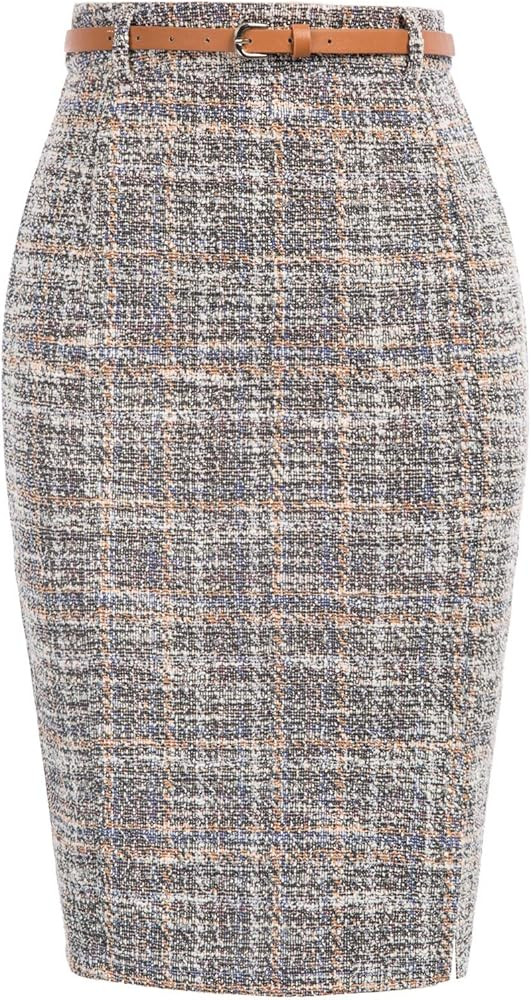 Kate Kasin Women's Tweed Pencil Skirt Knee Length High Waisted Skirts with Slit Elegant Skirts wi... | Amazon (US)