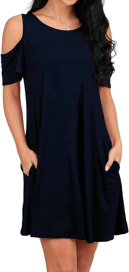 OFEEFAN Women's Cold Shoulder Tunic Top T-Shirt Swing Dress with Pockets | Amazon (US)