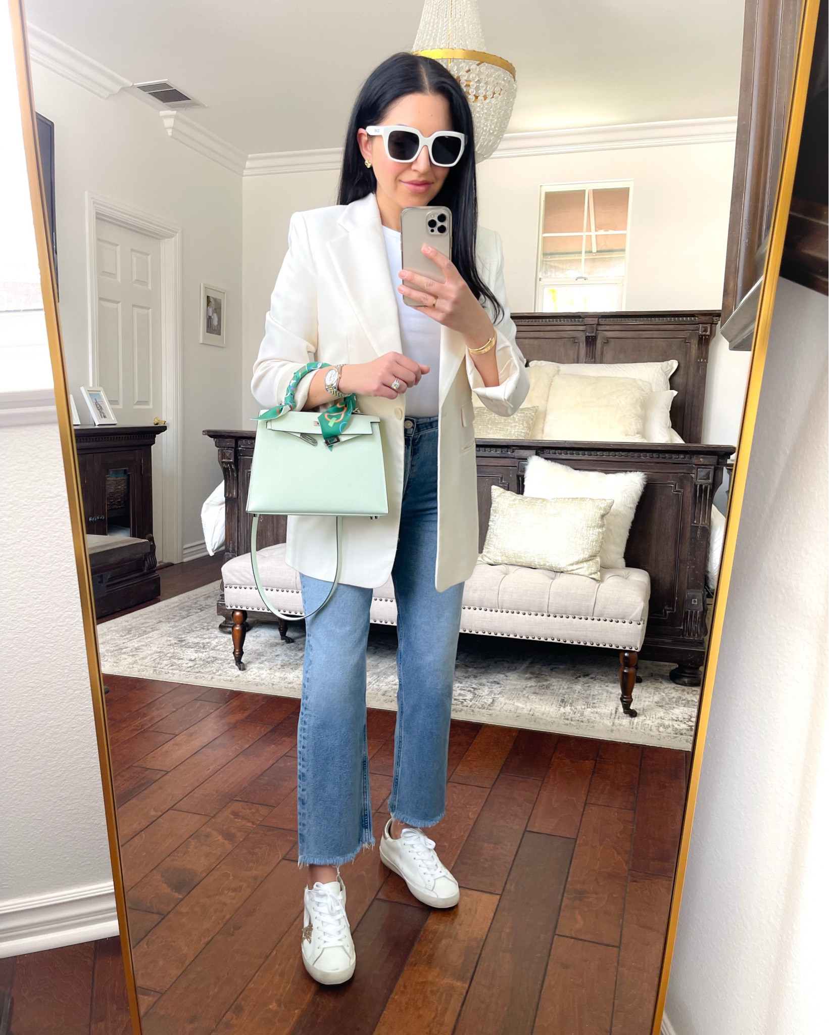 Outfit of the day. Classic sneaker outfit. Volunteered in my daughter’s classroom today.  Ivory Blazer I sized up. White top true to size. Jeans true to size. Golden goose sneakers. Hermes Kelly bag. Celine sunglasses. 

#LTKOver40 #LTKWorkwear #LTKFindsUnder100