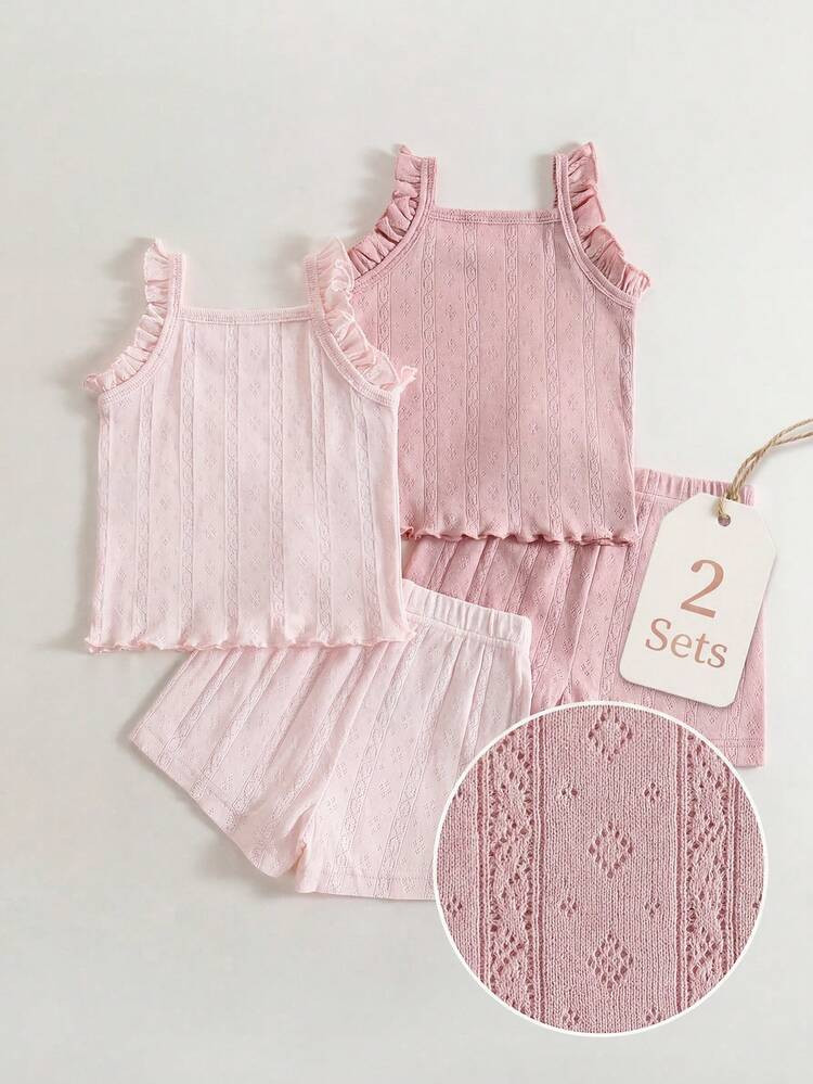 Playful Pals 2 Pieces Set Baby Girls Summer Outfits Cute Dusty Pink Pointelle Knit Ruffle Tank To... | SHEIN