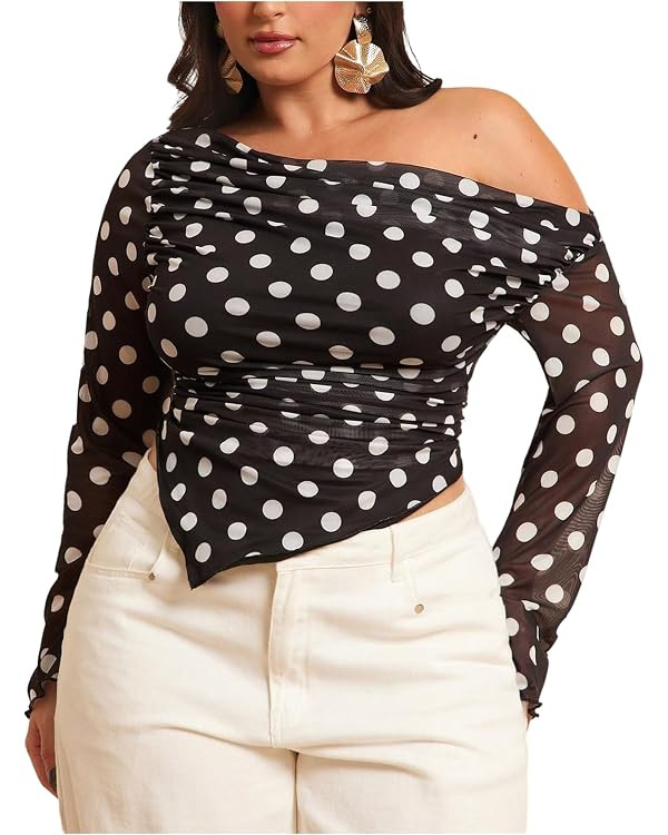 WDIRARA Women's Plus Size Polka Dots Mesh Tops Off Shoulder Ruched Long Sleeve Asymmetrical Tee S... | Amazon (US)