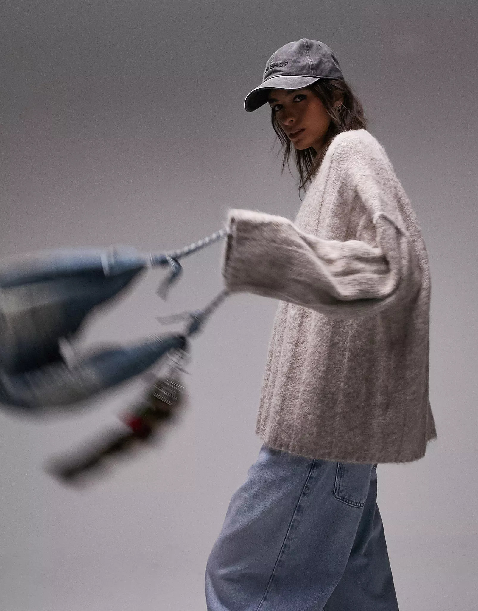 Topshop knitted slouchy exposed seam fluffy wide rib sweater in stone | ASOS (Global)