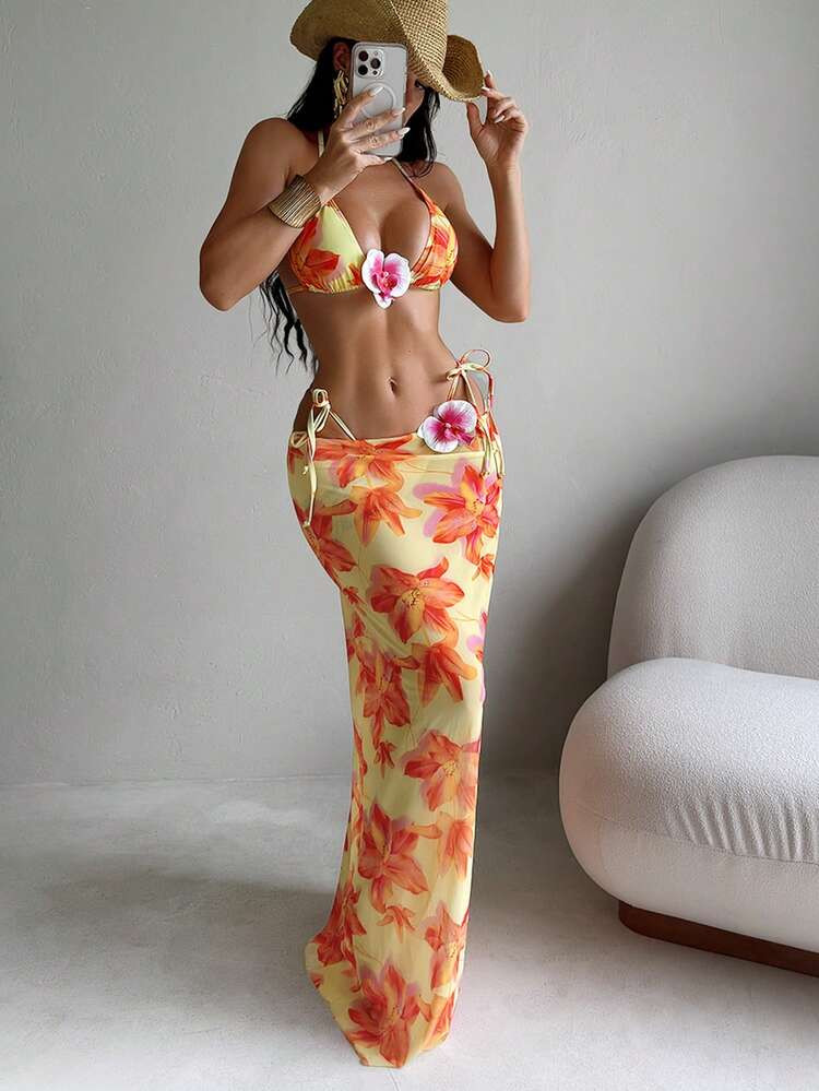 Bonvoyette 3pcs Women Printed Halter Neck Swimsuit Set With Long Skirt, Christmas Outfits, New Year Outfits, Music Festivals, Parties | SHEIN