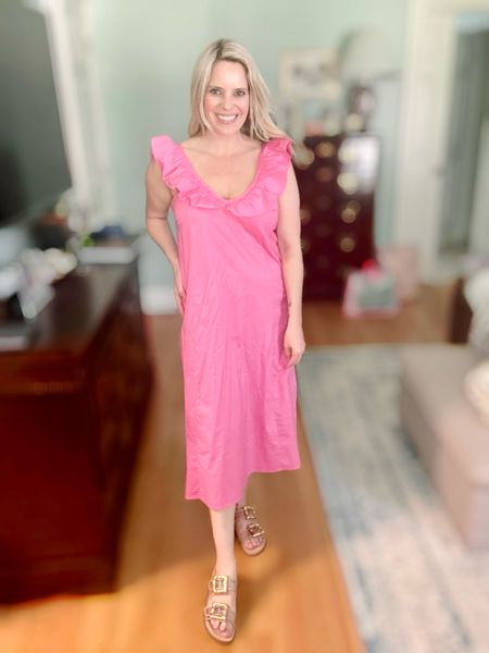 Taylor Tillman ruffle pink midi dress, flat sandals, classic dress, preppy dress, mom dresses 

#LTKFindsUnder100 #LTKOver40 #LTKFindsUnder50