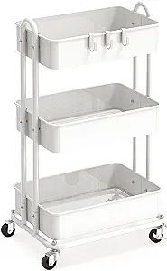 SimpleHouseware Heavy Duty 3-Tier Metal Utility Rolling Cart, White | Amazon (US)