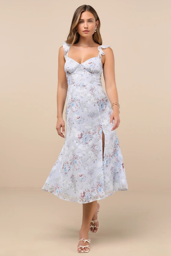 Delightful Direction Blue Floral Ruffled Tie-Strap Midi Dress | Lulus