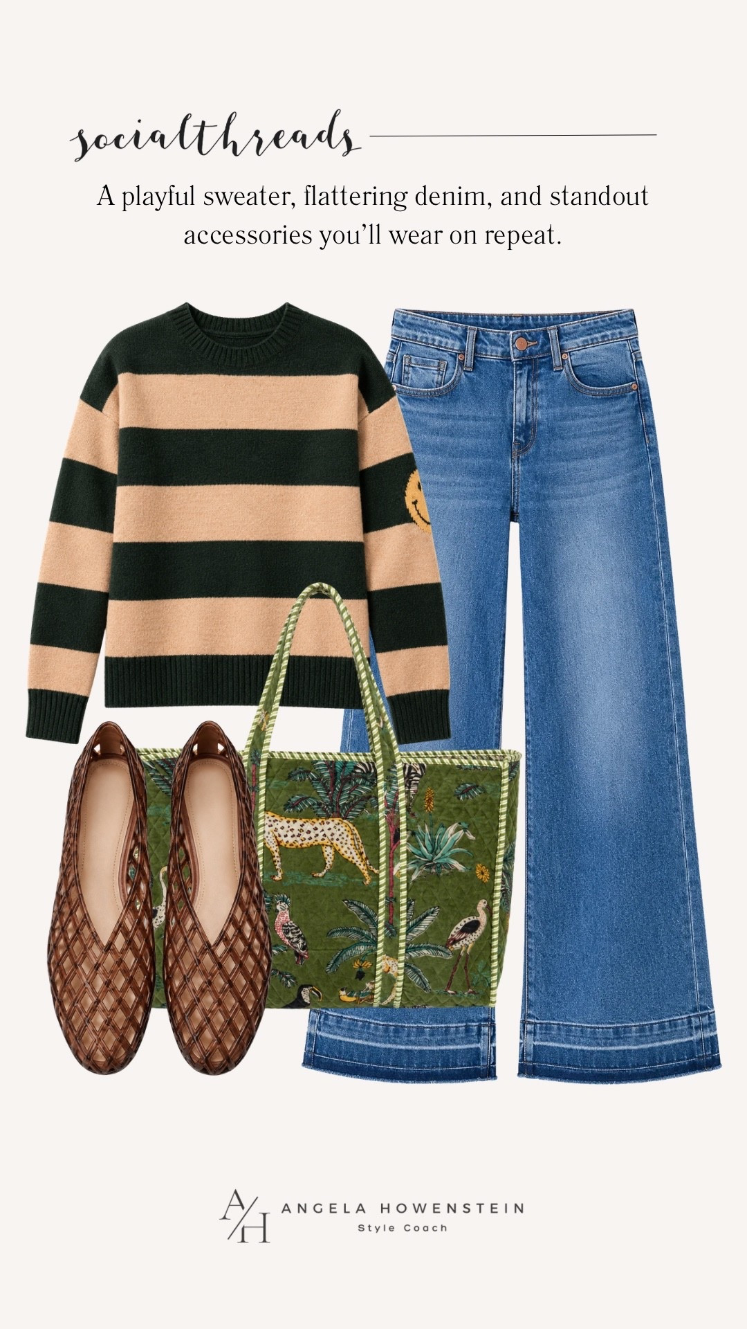 This Social Threads outfit is a fun mix of classic and playful. The striped sweater pairs perfectly with cuffed wide-leg jeans, woven flats, and the statement print tote for an effortless look you’ll wear all season.

👩‍💻 LTK PRO TIPS
❤️ Heart = Support my posts ;-)
🔖 Save = Get sale & restock alerts for the things you love!
📋 Lists = Keep favorites organized (List ideas: Christmas, Birthdays, and Vacations!)
📲 Share = Send lists and products to a friend (or your daughters like me).
💬 Comment = Ask me anything, and I’ll answer. ;-)

#LTKootd #LTKOver40 #LTKSaleAlert