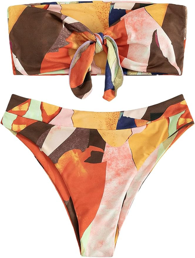 SheIn Women's Graphic Swimsuit Tie Front Bandeau and High Waist Panty Bikini Set Bathing Suit | Amazon (US)