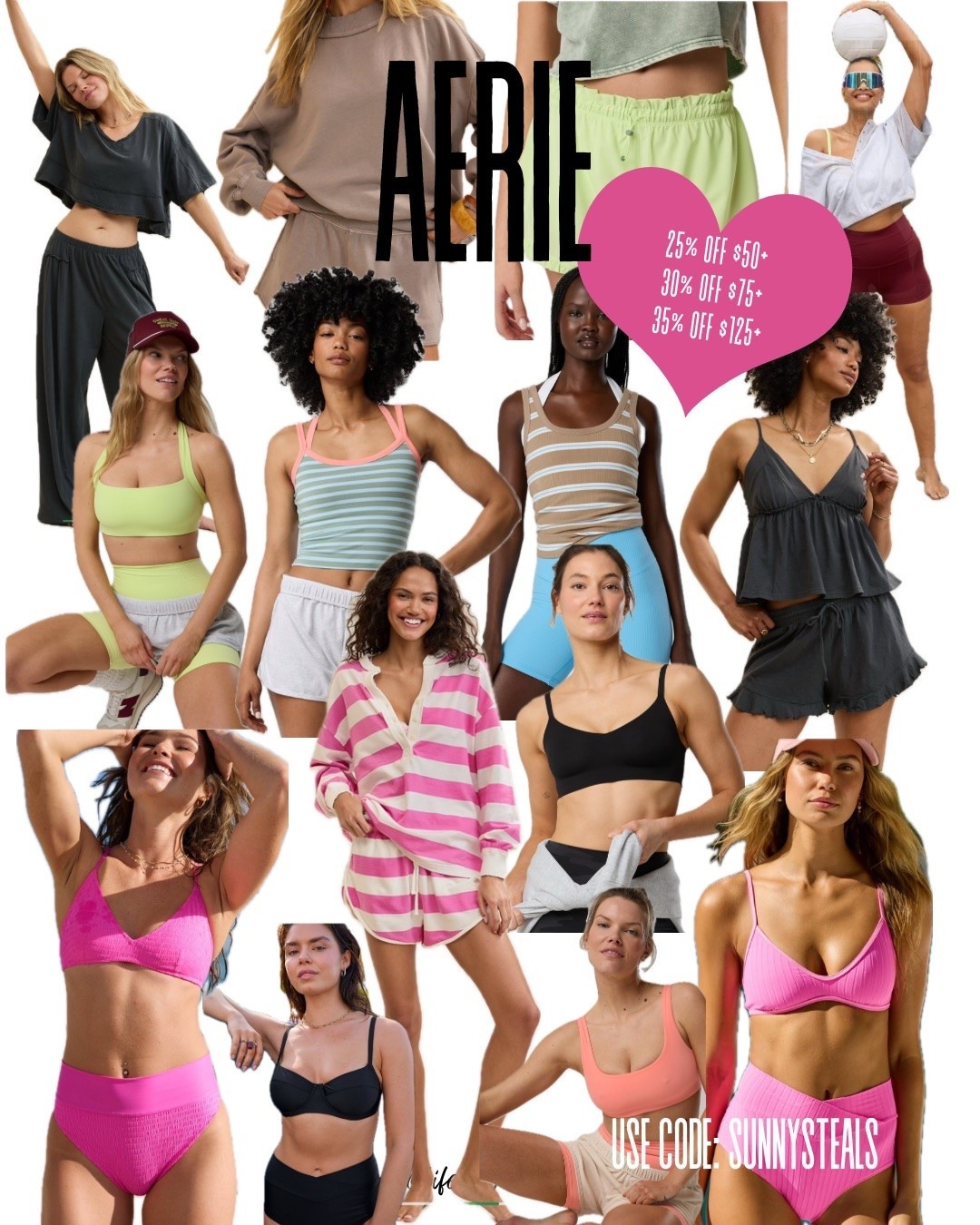 Last day to save 25-35% off @Aerie !  Use code SUNNYSTEALS to save. ☀️