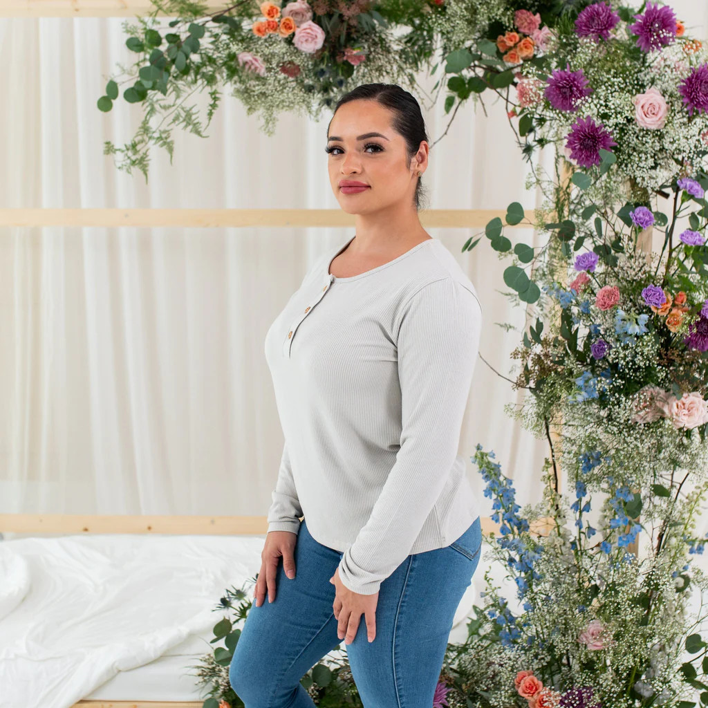 Women's Ribbed Henley Top in Oat | Kyte BABY