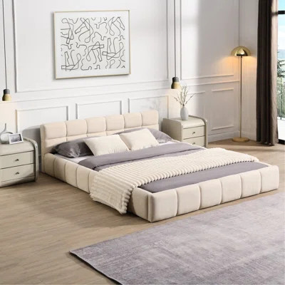 Queen Size Beige Chenille Bed With Checkerboard Headboard For A Comfortable And Stylish Bedroom Retreat Comfort - Oriented | Wayfair North America