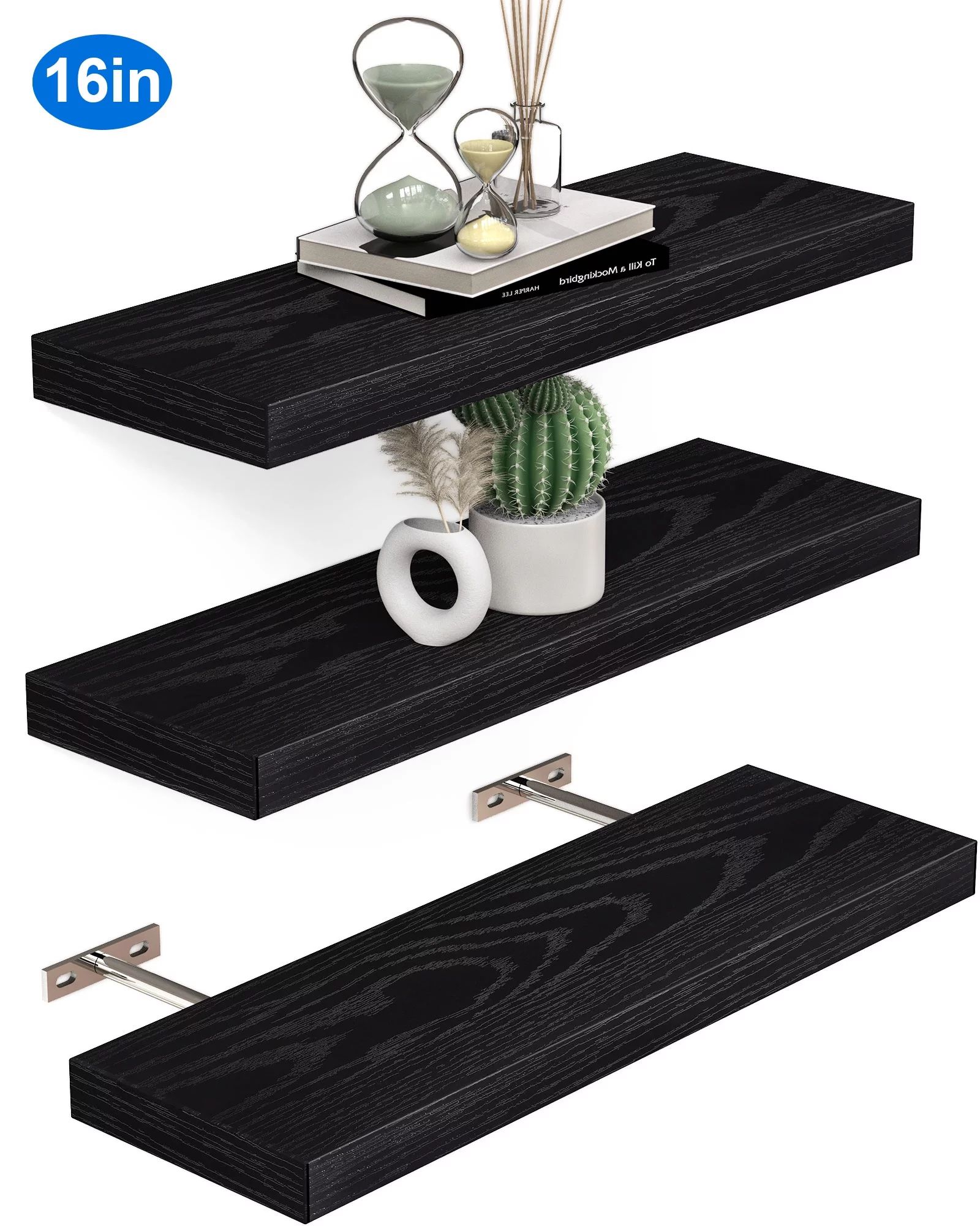 OlarHike 16 inch Wood Floating Shelves Wall Mounted Shelves, Black, Set of 3 | Walmart (US)