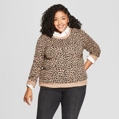 Women's Plus Size Leopard Print Pullover Sweater - A New Day™ Camel X | Target