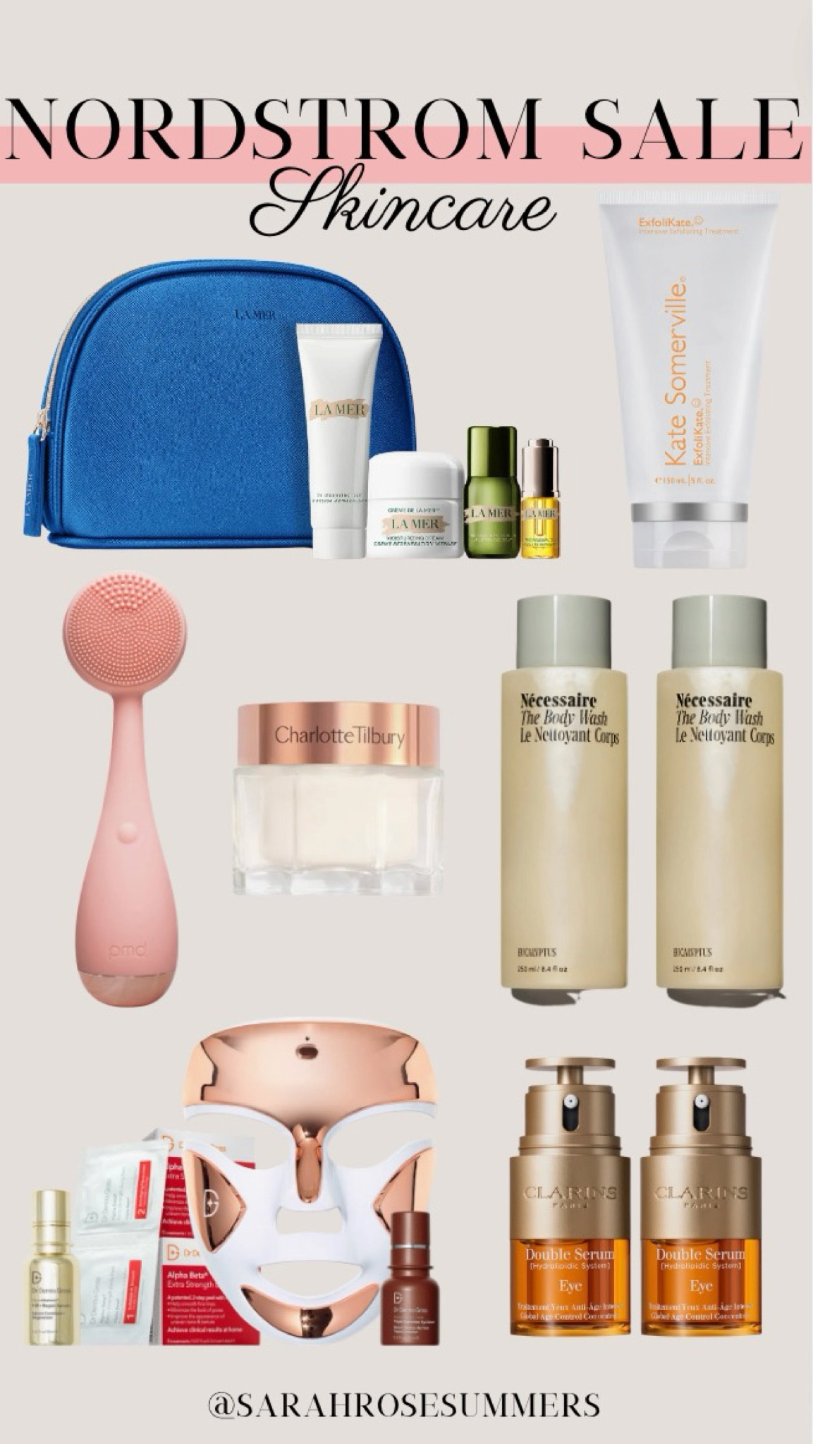 Nordstrom Anniversary Sale. Skin-care products on sale! Clarins Double serum eye firming and hydrating anti-aging concentrate duo. Charlotte Tilbury Magic Cream Forever Set. DRx Spectra Lite fareware pro led light therapy device and skin care set. La Mer Mini Miracle Creme Set. PMD Clean Facial Cleansing Device. Necessaire Body Wash Duo. 

#LTKBeauty #LTKSaleAlert #LTKxNSale