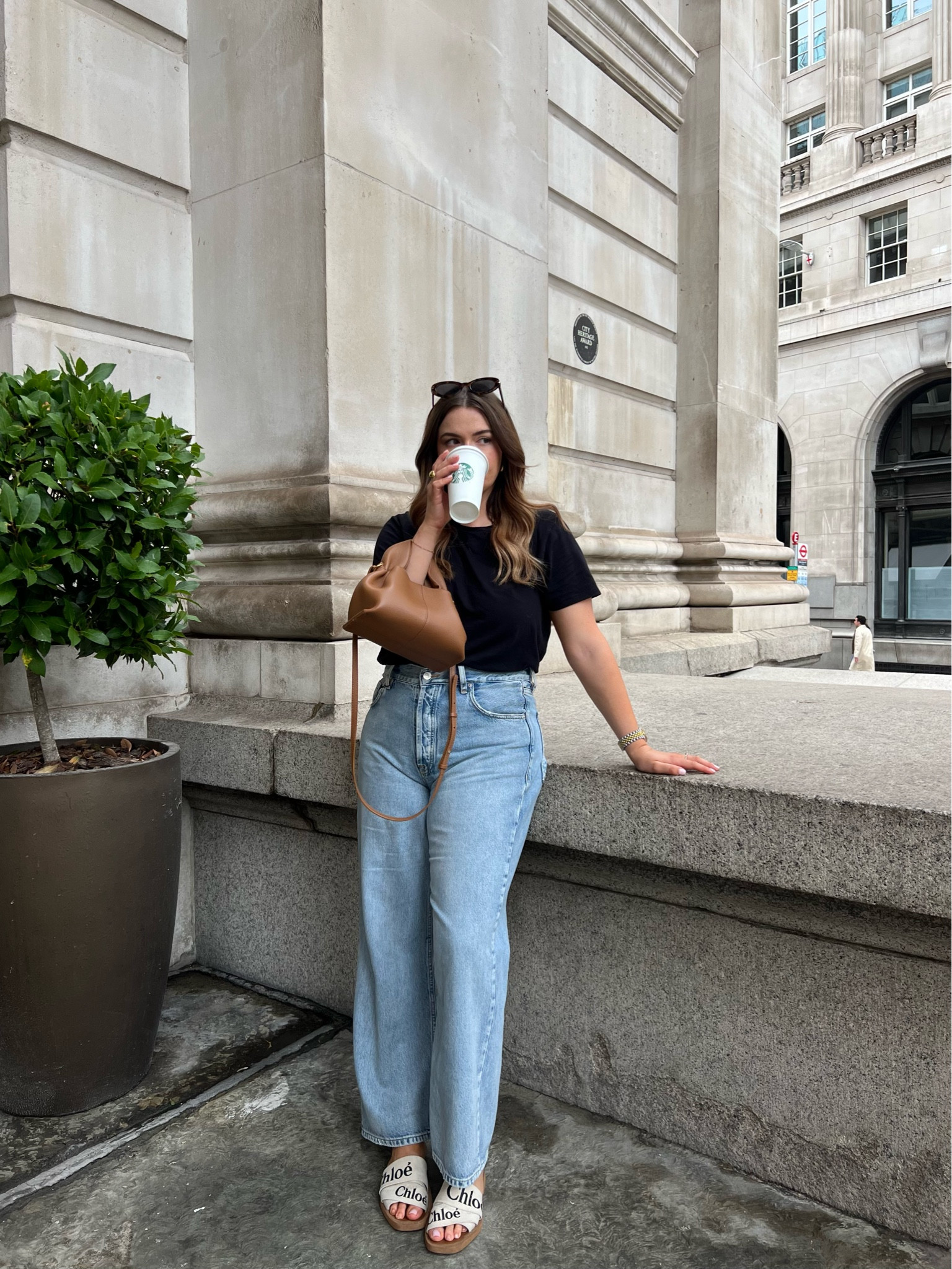 Simple Sunday outfit - Massimo dutti straight leg blue jeans, Chloe woody sandals, polene paris numéro neuf mini handbag in camel, black t shirt & gold monica vinader jewellery  

#LTKSeasonal #LTKstyletip #LTKeurope