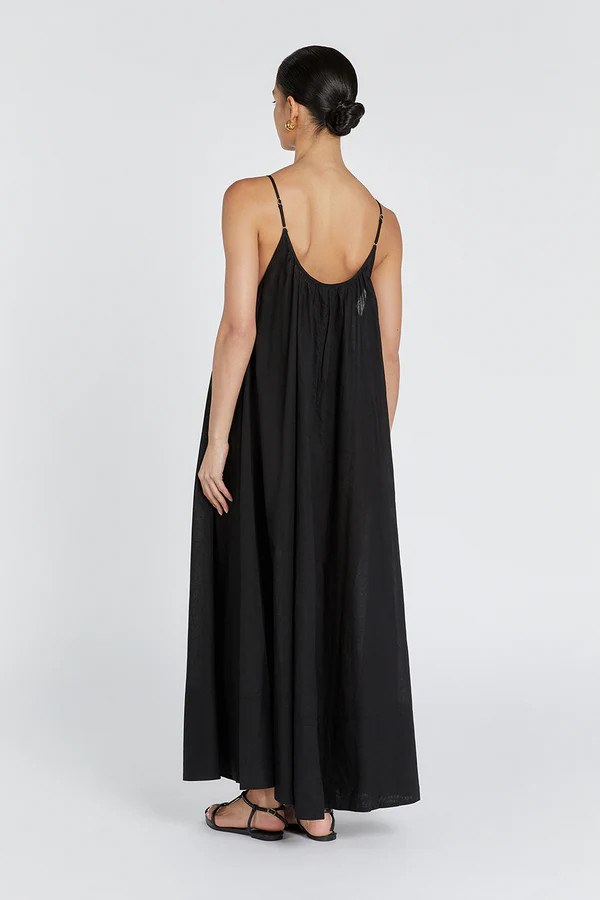 CAPRI BLACK LINEN SHEER MAXI DRESS | DISSH