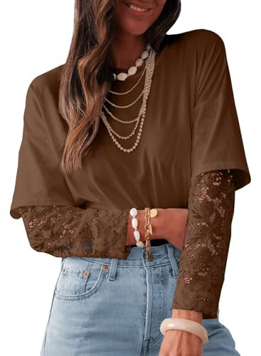 LOLONG Lace Sleeve Shirts for Women Fall Fashion Round Neck Tops Ladies Casual Solid Basic Loose Fit Tees Coffee | Amazon (US)