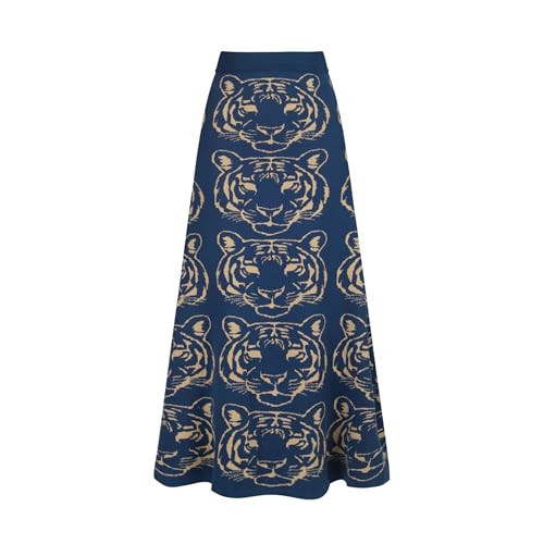 OXKnit Knittd Midi Skirts for Women, Mod Style Casual Retro Tiger Pattern High Waist A Line Cotton Blue Skirts | Amazon (US)