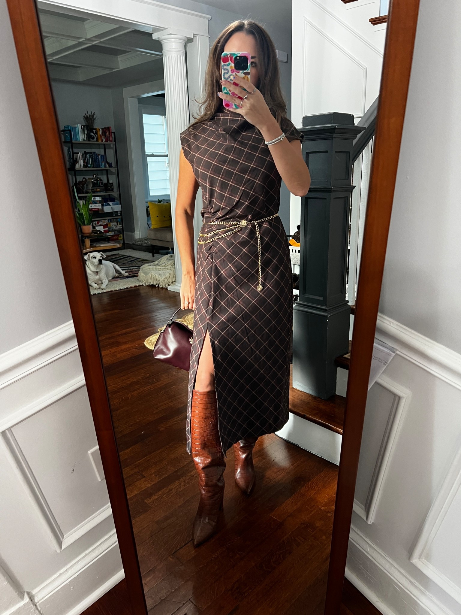 Fall outfit. Wedding welcome party. Plaid dress. Gold belt. Chain belt. Flattered bag. Paris Texas boots. Knee high boots. 

#LTKSeasonal #LTKShoeCrush #LTKFindsUnder50