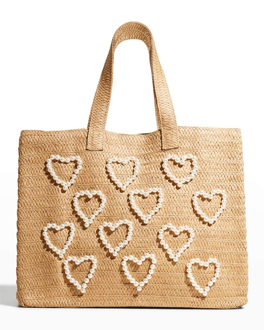 BTB Los Angeles Straw Pearly Heart Beach Tote Bag | Neiman Marcus