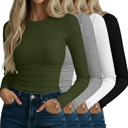 Neer 4 Pack Women's Ribbed Long Sleeve Shirts, Cotton Crew Neck Slim Fit Tops Stretch Knit Casual... | Amazon (US)