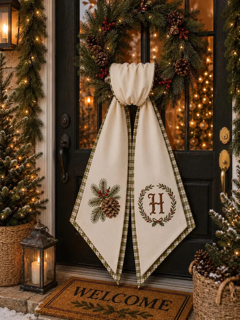 Embroidered Pine Cones Sash,Monogrammed Christmas Wreath Sash, Embroidered Pine Cones Holiday Fes... | Etsy (Global)