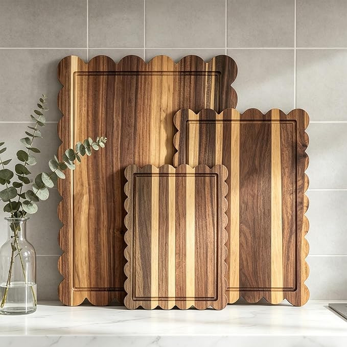 3 Pcs Scalloped Acacia Wood Cutting Board Set, Decorative Charcuterie Board, Wooden Chopping Bloc... | Amazon (US)