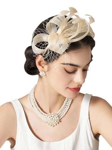 SWEETV Elegant Fascinators Headband with Feather, Women's Tea Party Hat for Kentucky Tea Hat Derby, Cocktail, Wedding, Fancy Dress Party, Champagne | Amazon (US)