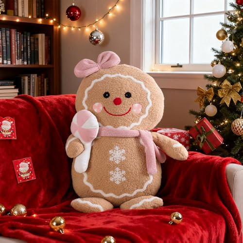 Lanpn Christmas Gingerbread Girl Pillow, Christmas Decoration Winter Throw Pillows Soft Fleece Sherpa Cute 3D Shaped Ginger Bread Lady Throw Cushion for Sofa Bedroom Xmas Decor (18x27 inch) | Amazon (US)
