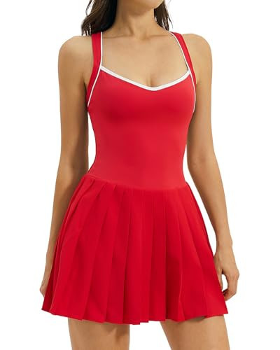Amazon.com: QINSEN Womens V Neck Pleated Tennis Dresses Built in Shorts Sleeveless Workout Athlet... | Amazon (US)