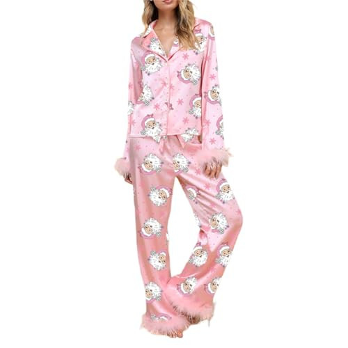Muineobuka Christmas Pajamas for Women Button Down Shirt and Pants Feather Pajamas Set Satin Silk Christma PJs Loungewear Pink | Amazon (US)