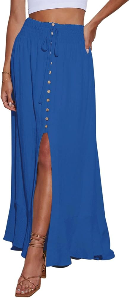 Minclouse Women's Elastic Tie Waist Button Down Maxi Skirts Casual Loose Flowy Swing Slit Front D... | Amazon (US)