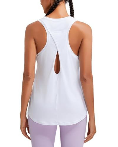 RUNNING GIRL Workout Tank Tops for Women, Ultra Soft Open Back Loose Fit High Neck Racerback Womens Workout Tops(3079_White_S) | Amazon (US)
