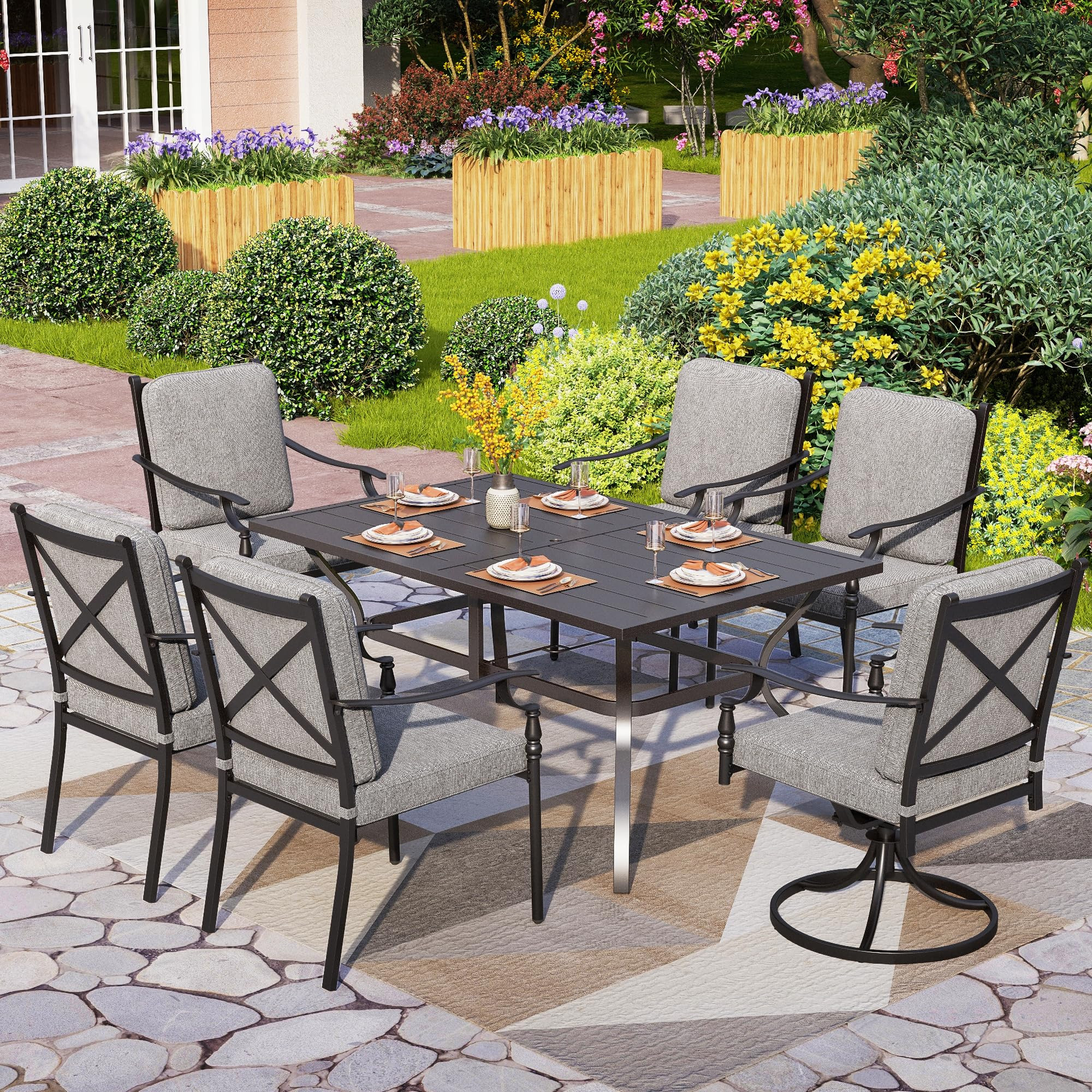 PHI VILLA 7 Pieces Outdoor Dining Set for 6, Rectangular Black Steel Dining Table with Fixed and ... | Amazon (US)