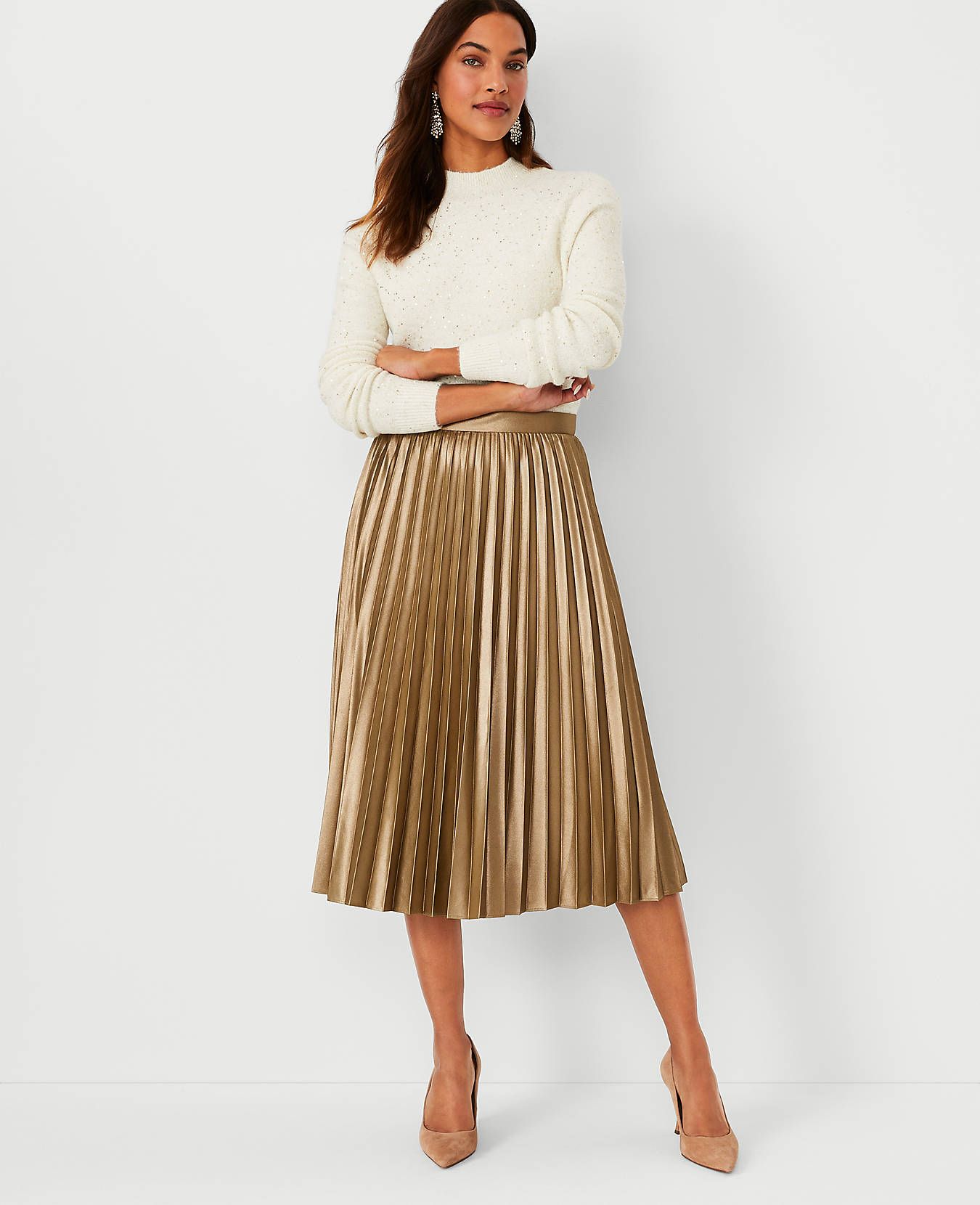 Shimmer Pleated Midi Skirt | Ann Taylor (US)