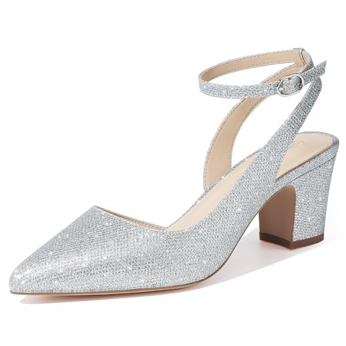ALICEPUB Silver Glitter Heels - Closed Toe Slingback 2inch Low Chunky Block Heels Comfortable Wedding Bridal Dress Shoes, Size 6 | Amazon (US)