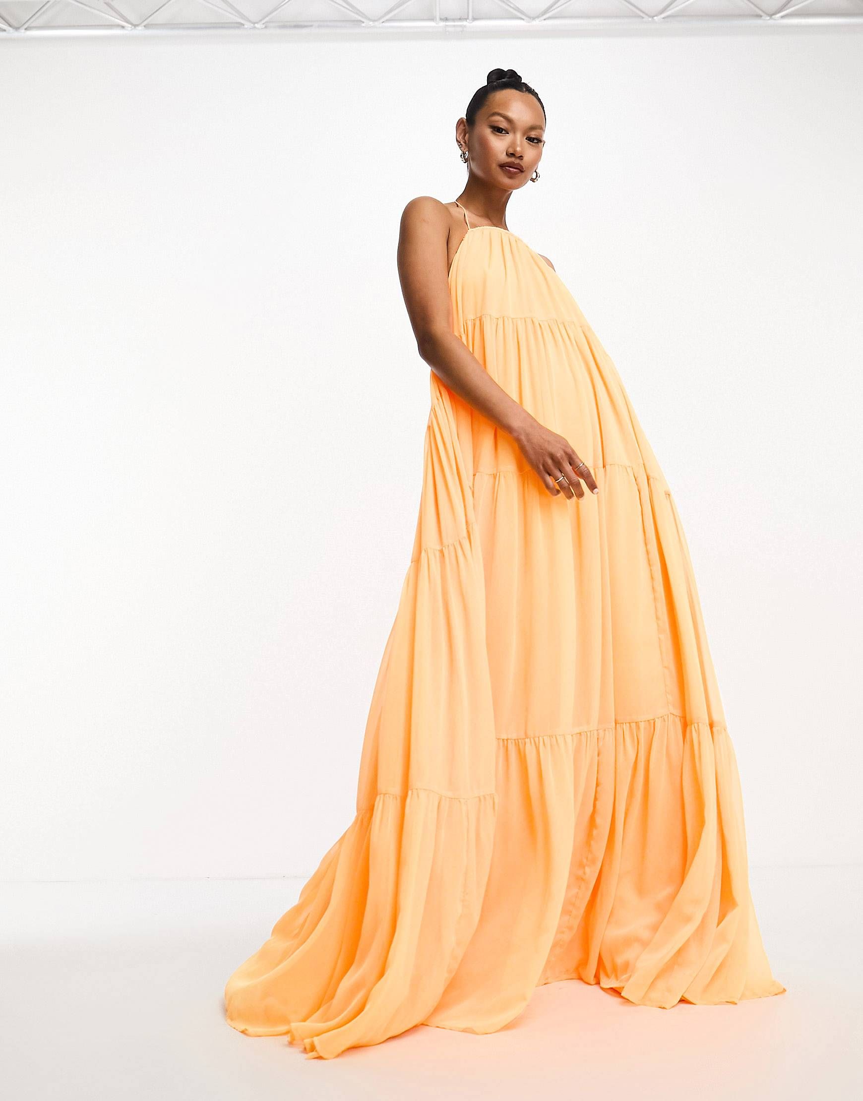 ASOS DESIGN channel detail halter neck trapeze tiered maxi dress in bright orange | ASOS (Global)