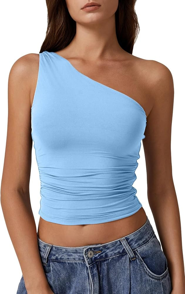 QINSEN Women's One Shoulder Tank Tops Double Lined Sleeveless Slim Fit Cropped Tee Shirt Y2k Tops | Amazon (US)