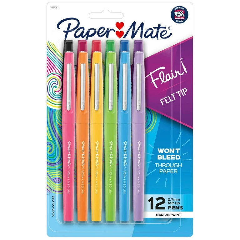 Paper Mate Flair Felt Tip Pens, Medium Point (0.7mm), Assorted Colors, 12 Count | Walmart (US)