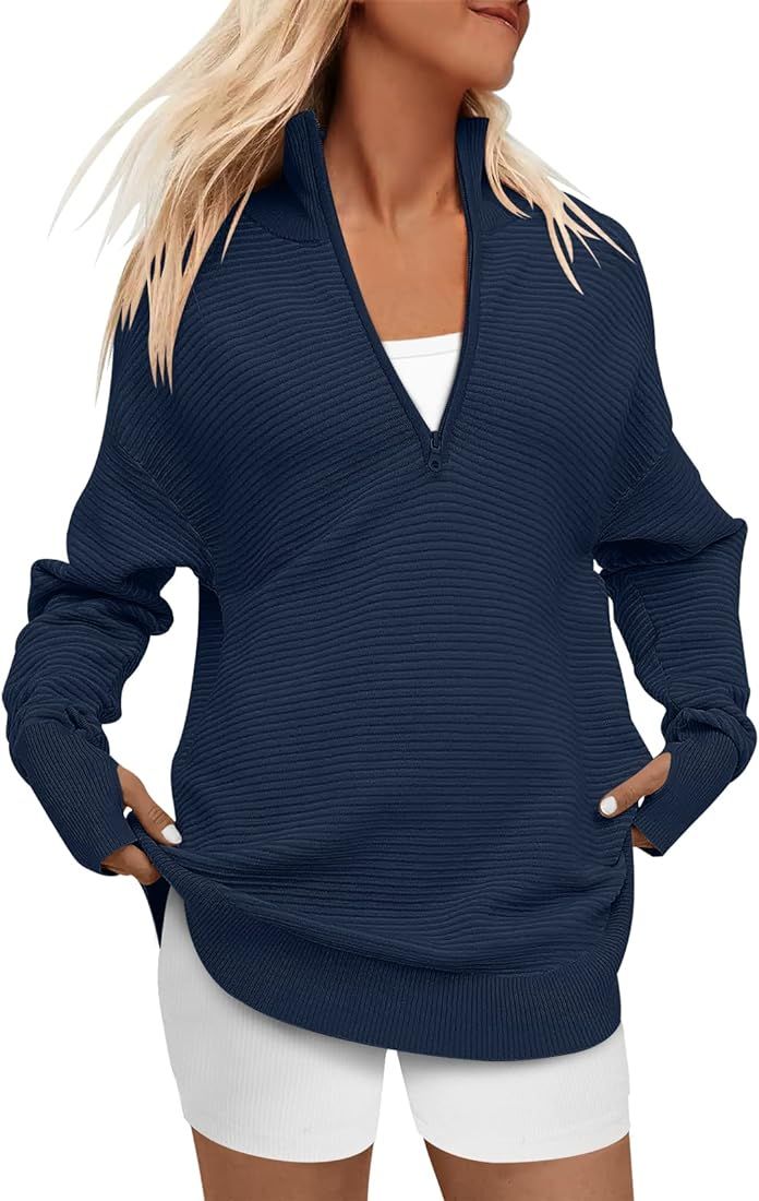 Caracilia Women's Long Sleeve Half Zip V Neck Collared Casual Curved Hem Sweatshirt Pullover Sweater | Amazon (US)