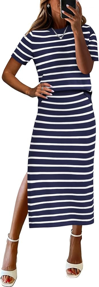 ANRABESS Womens 2 Piece Skirt Sets,Striped Knit Sweater Midi Dress,Comfy Cute,Lounge Casual Trave... | Amazon (US)