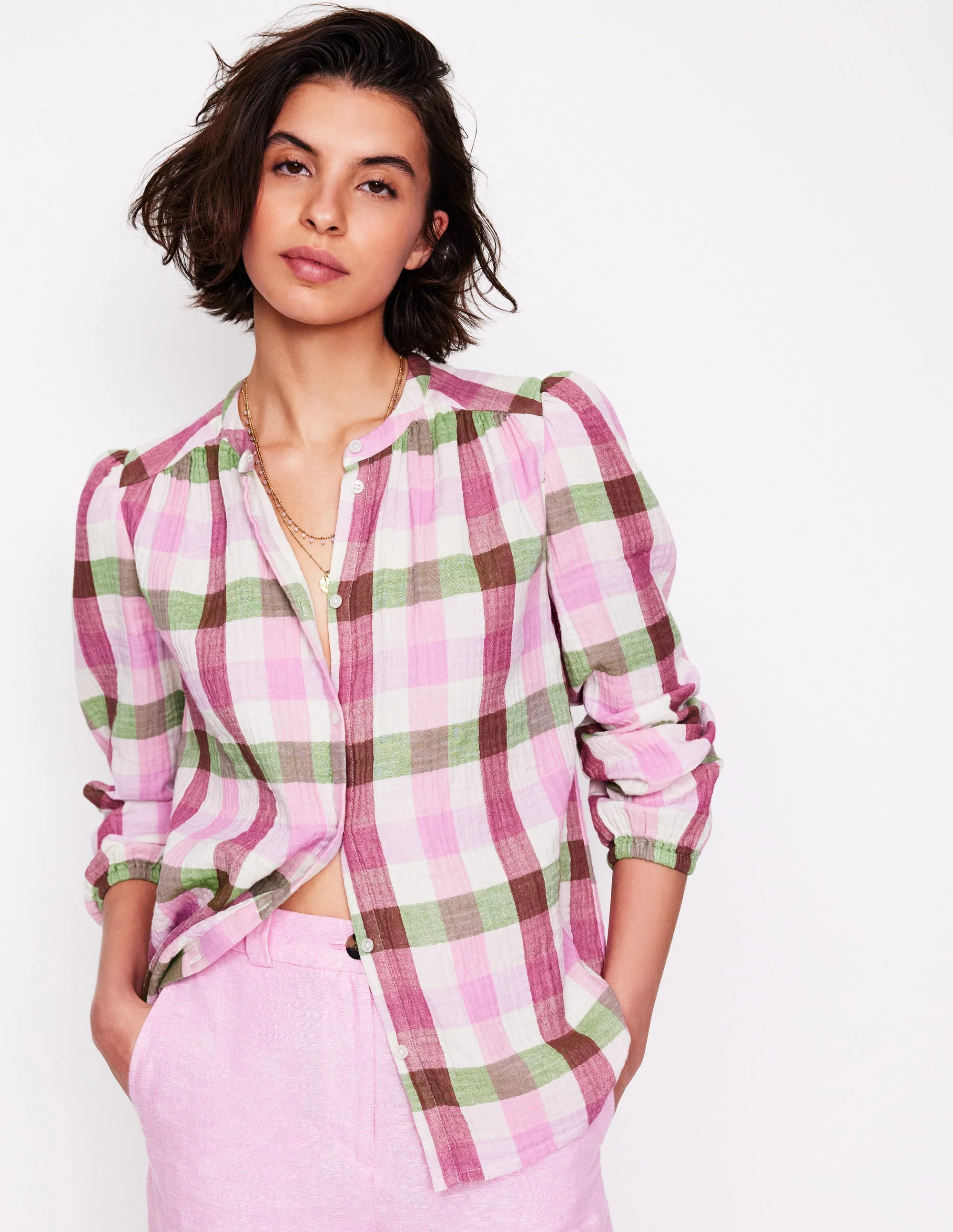 Gingham Double Cloth Top-Pink and Green Gingham | Boden UK