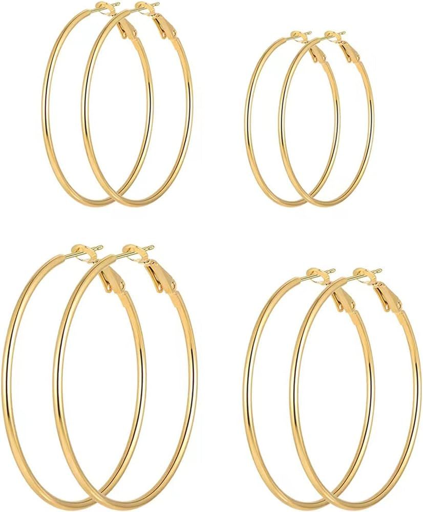 4 Pairs Silver Gold Hoop Earrings for Women | 14K Gold Plated Hoop Earrings Set Hypoallergenic Ea... | Amazon (US)