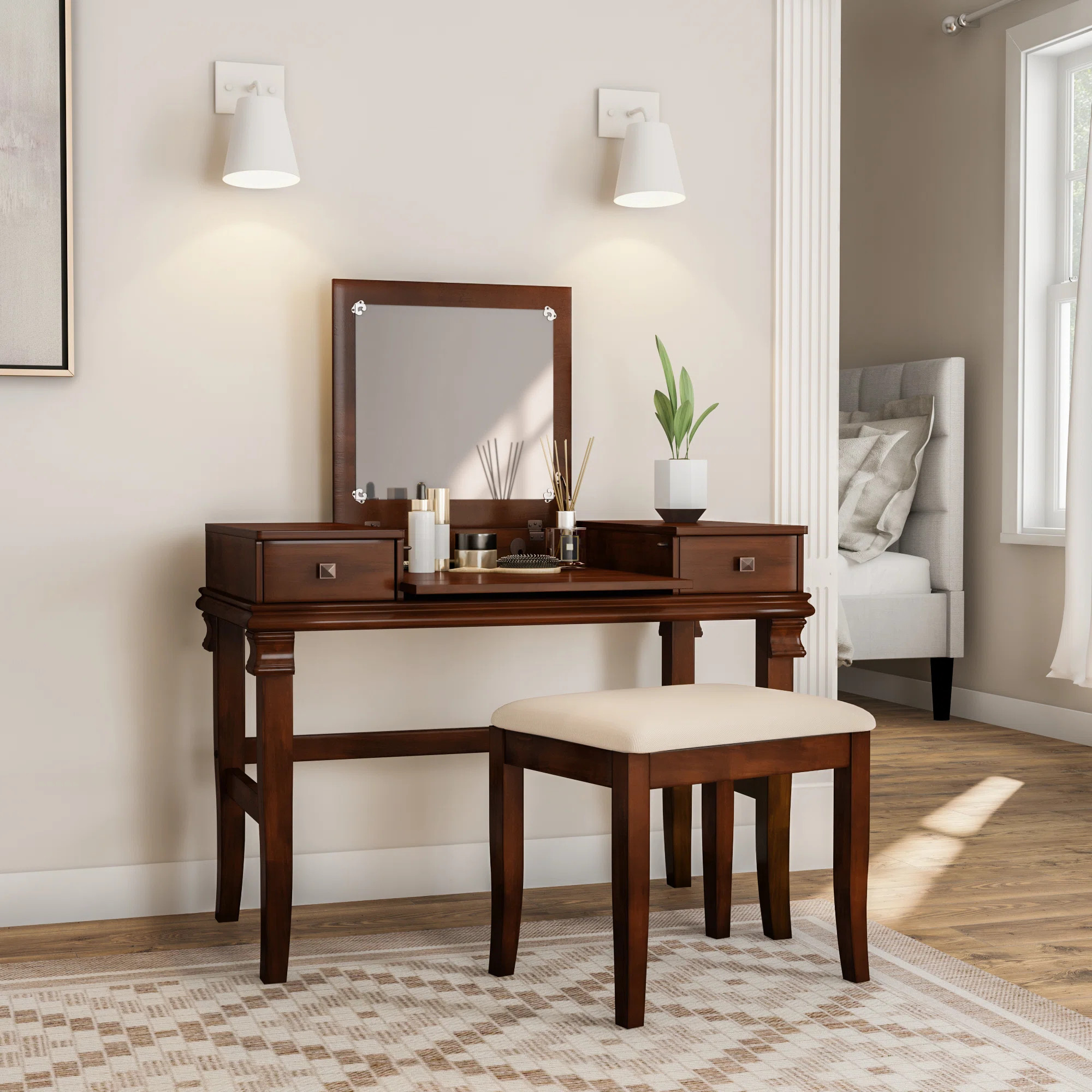 Godines Vanity Set with Stool and Mirror | Wayfair North America