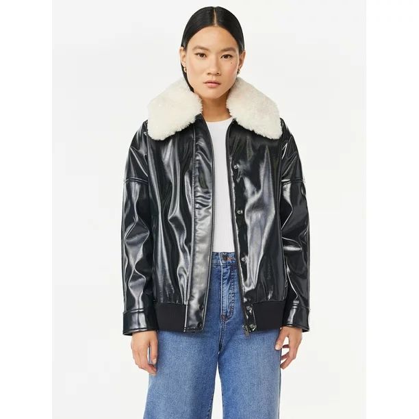 Scoop Women's Oversized Faux Leather Jacket with Faux Fur Collar, Sizes XS-2XL - Walmart.com | Walmart (US)