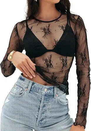 MEROKEETY Womens Long Sleeve Lace Sheer Mesh Top 2025 Crewneck Sexy Y2k See Through Going Out Blo... | Amazon (US)