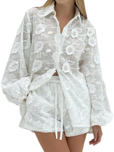Perbai Womens Lace 2 Piece Outfits Long Sleeve Button Down Floral Shirt and Shorts Matching Sets | Amazon (US)