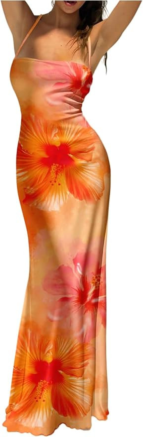 WDIRARA Women's Boho Floral Bodycon Maxi Dress Lace Up Backless Sleeveless Long Dresses | Amazon (US)
