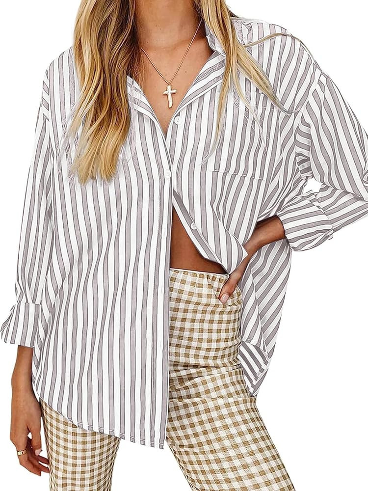 Women's Blouses Striped Long Sleeve Shirts Button Down Loose Fit Casual Tops | Amazon (US)