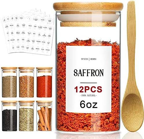 GMISUN Spice Jars with Bamboo Lids, 12 Pcs 6oz Glass Spice Container with 225 Pcs Spice Labels, Empt | Amazon (US)